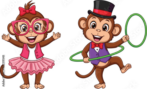 Set of Cute Cartoon Monkeys in Stylish Outfits with Glasses and Hat Performing with Hoop, Fun and Playful Animal Characters for Kids Design