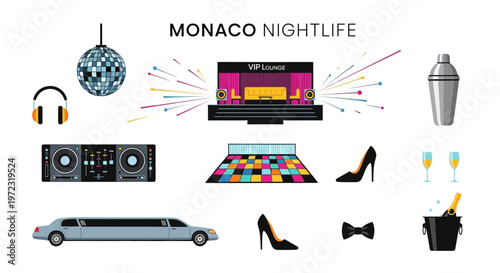 Monaco Nightlife Elements Collection: Disco Ball DJ Booth Limousine and More.