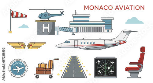 Monaco Aviation Collection: Helicopters Jets Airport and Travel Icons.