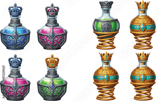 Set of Fantasy Magic Potion Bottles with Ornate Glass Flasks, Colorful Liquids, Golden Details and Crown Tops for Game and алхيمي Illustration Designs