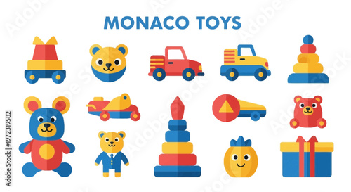 Collection of Colorful Childrens Toys from Monaco Toys.