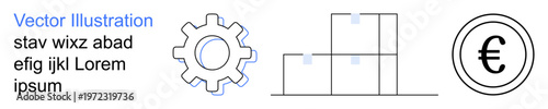 Industry, logistics, financial growth, currency, manufacturing, processes. Includes a gear, stacked boxes and euro symbol in a minimal linear design. Industry and logistics key concepts