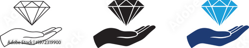 Vector black silhouette and outline icon of a hand holding a diamond isolated on white background.