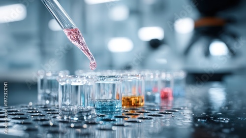 Pipette dropping reagent into laboratory test tubes for scientific research
