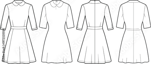 Women midi dress technical drawing set, front and back views, collar styles, elegant garment outline, fashion template – vector illustration