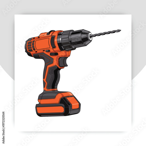 A detailed illustration of a yellow and teal cordless power drill, isolated on white.,