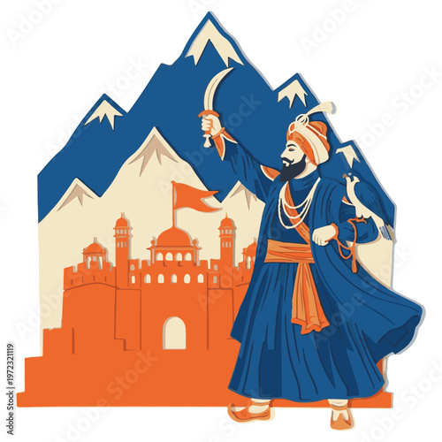 Illustrative depiction of a Sikh warrior with sword and falcon, set against a fortress and mountain backdrop