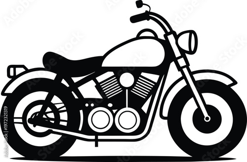 A simple black and white line art illustration of a classic cruiser motorcycle side profile view. Vector, illustration