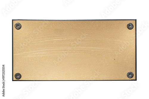 Brass plaque background with a brush metal texture and screws cut out and isolated on a transparent background, metal sign and signage stock photo image