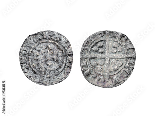 Silver long cross penny English hammered coin of King Edward II Class 10cf obverse and reverse 14th century 1305- 1310 minted in London England, cut out and isolated on transparent background