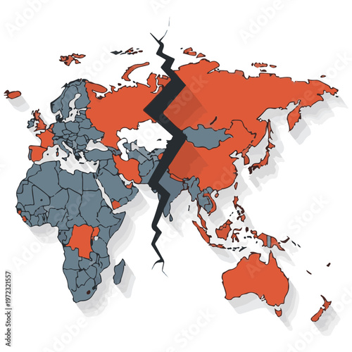 Global division depicted as a fractured world map with continents in contrasting colors, symbolizing conflict and geopolitical tension