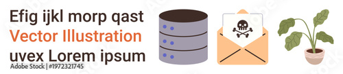 Cybersecurity, email threats, data storage, malware attacks, system vulnerability, digital safety. ion of a server stack, malware email and a potted plant. Cybersecurity and malware attacks concept