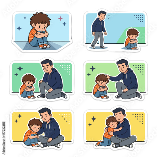 Set of six cartoon-style illustrations showing a young boy and an adult man in various emotional interactions such as sadness comfort affection and support against colorful backgrounds like light