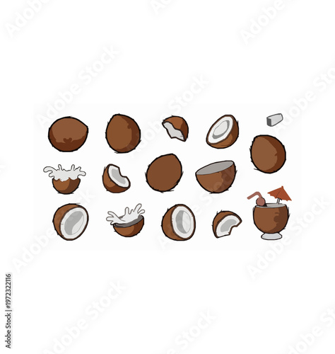 Cute cartoon coconut characters icon set with funny tropical fruit elements isolated on white background