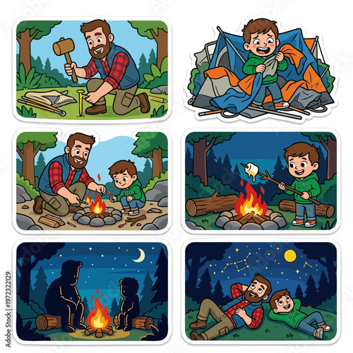 Set of six cartoon-style illustrations showing a man and his young boy happily camping together in the great outdoors against various colorful backgrounds featuring forests, campfires, tents, and