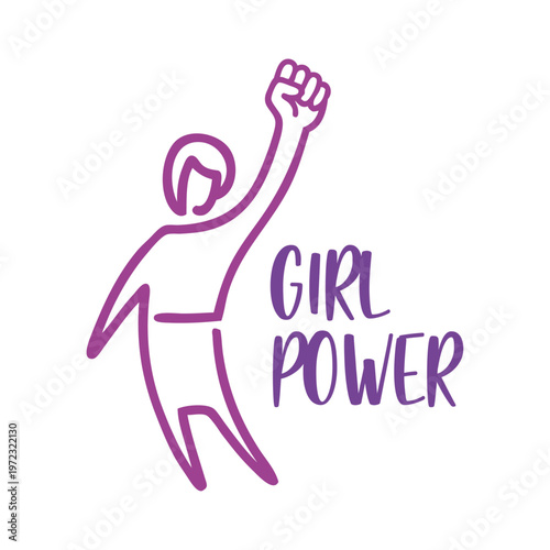 Logo Día Internacional de la Mujer. Dibujo con líneas de una mujer con el puño cerrado en alto, con texto Girl Power