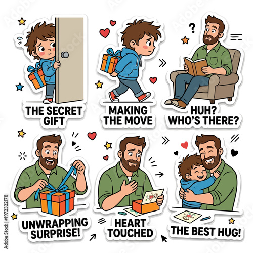 Digital illustration of a cartoon man and his son showcasing various heartwarming scenarios of their interactions as they share special moments together with gifts and hugs against colorful