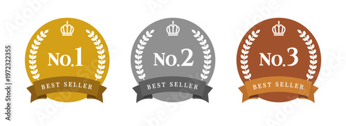 Gold Silver Bronze No.1 No.2 No.3 Best Seller Badge Set – Laurel Wreath Crown Ranking Vector