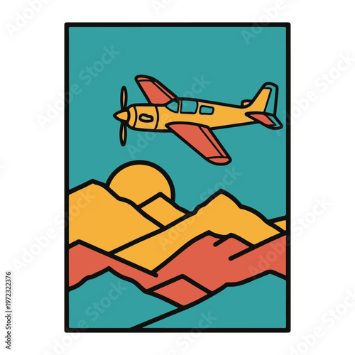 Vibrant illustration of a yellow airplane soaring over stylized orange mountains at sunset