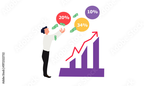 a man with Upward graph and dollar signs. Illustration of colorful bar graph showing upward trend with arrow and Dollar symbols, light background. 
