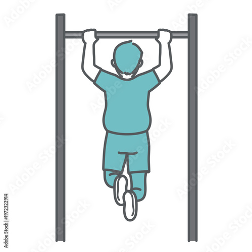 懸垂（チンニング）をするぽっちゃり男性の後ろ姿のイラスト