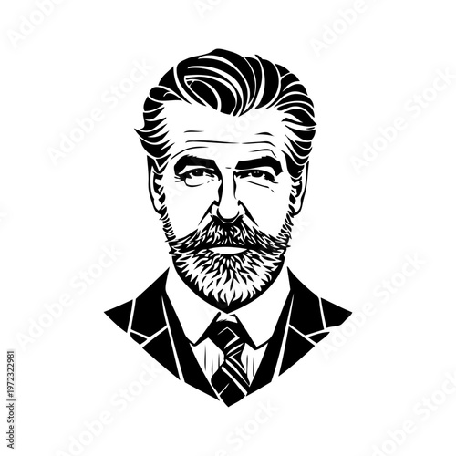 Logotipo con dibujo geométrico de la cara de un caballero con traje. Retrato de un anciano elegante con barba
