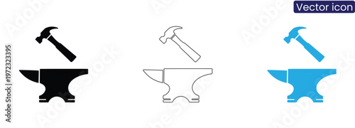 Vector icons of hammer and anvil on white background in black, Line art, And blue