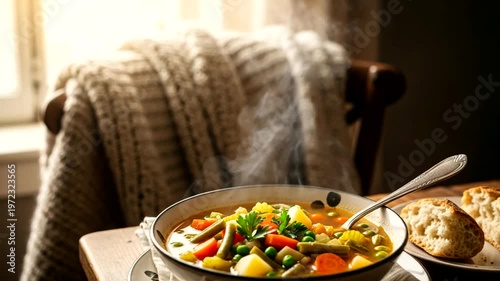 A steaming bowl of vegetable soup on a rustic table, with warm light streaming through a window