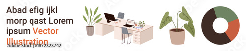 Office design, productivity, analytics, creativity, work-life balance, modern decor. Clean desk setup with plants and a pie chart. Office design and productivity concept