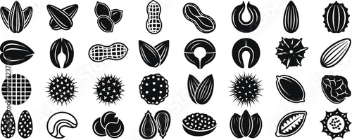 Seeds and Nuts Silhouette Icon Set Vector Collection with Various Food Elements and Organic Shapes Isolated on Transparent Background