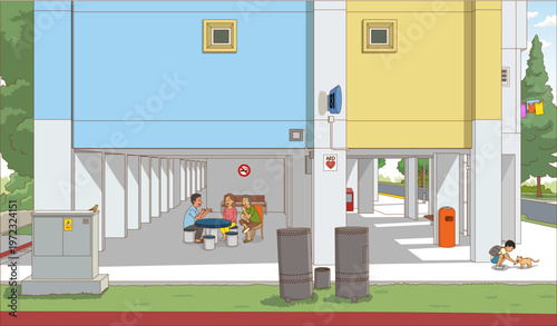 A typical Singapore HDB void deck: an open, breezy space with benches, bins, and communal tables where neighbors gather to chat.