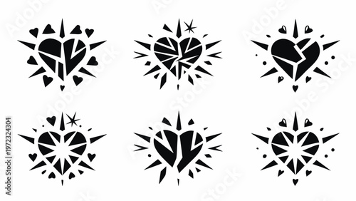 A set of six black heart shaped vector icons with sharp spikes and small hearts on a white background