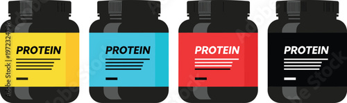 Four distinct black protein supplement containers with vibrant yellow, blue, red, and black labels, showcasing nutritional products for fitness and health, isolated on white.