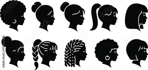 Varied silhouettes of women with different hairstyles in black and white Vector
