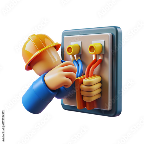 3D Electrician Character in Safety Helmet Installing and Maintaining Electrical Wiring in Control Panel