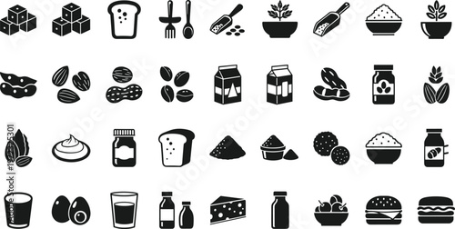 Collection of black and white icons representing various food items and ingredients.