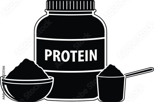 Black and white illustration of a protein powder container with a scoop and bowl of powder.