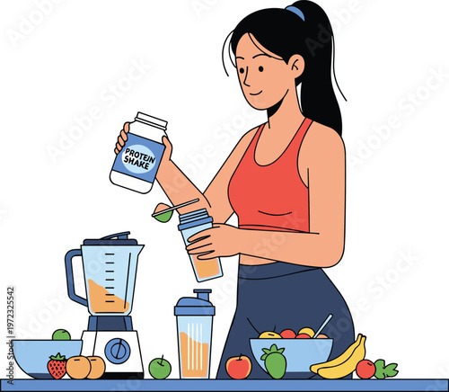 Woman making a protein shake with fruits and blender, healthy lifestyle and fitness concept.