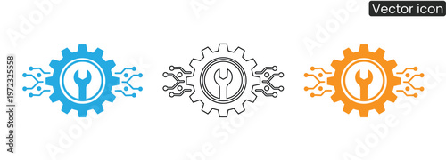 Gear icons with circuit board elements and wrench on white background