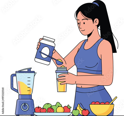 Fit woman preparing a protein shake with fruits and a blender, healthy living and exercise.