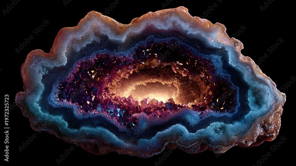 Fototapeta premium Agate Geode Crystal: A captivating close-up of an agate geode reveals a mesmerizing display of colors and textures, showcasing the intricate beauty of the natural world. 
