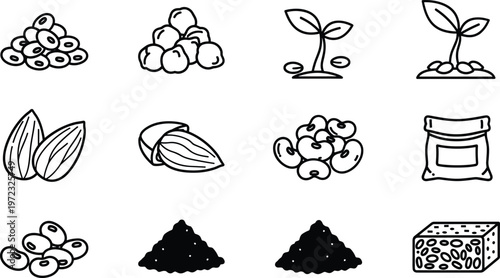 Minimalist outline icons of various seeds, nuts, legumes, and sprouts, including soybeans, almonds, and tempeh, representing plant-based food and healthy diet.