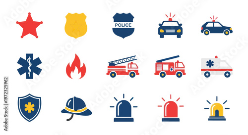 Emergency Services Icons: Police, Fire, Ambulance, Star of Life, Shield, Helmet