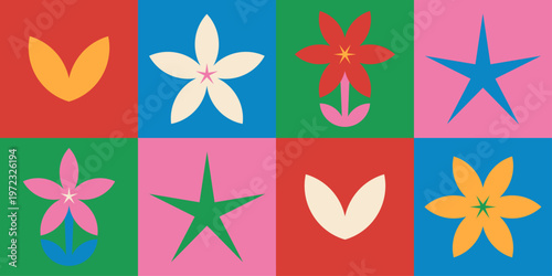 Geometric Modern pattern seamless colorful jasmine flowers in pop art style. Design for fabric, Background, Wallpaper, Vector illustration.