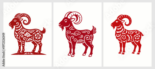 Chinese zodiac goat set. Red paper cut style sheep. Lunar new year vector icons.