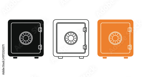 Three different security safes shown in black, white outline, and orange colors with combination locks for secure
