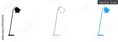 Vector icons of floor lamps in black, Line art, And blue on white background