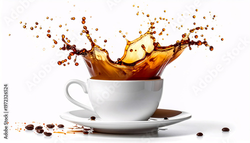 Dynamic Coffee Splash in White Mug - Action Liquid Burst on Isolated White Background