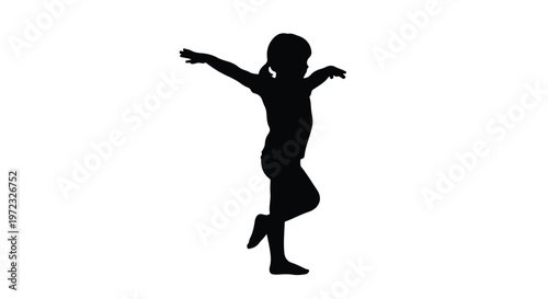 Happy young girl child dancing or posing with arms outstretched in playful carefree motion isolated on white background