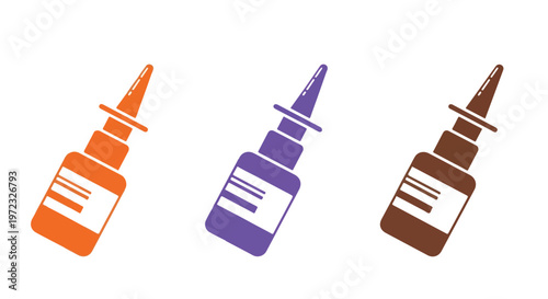Three colorful nasal spray bottles with labels isolated on a white background, representing allergy relief